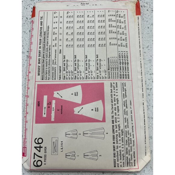 Simplicity 6746 Vintage Sewing Pattern Misses 4-Gore Bias Skirt In 4 Lengths Siz - Picture 2 of 2